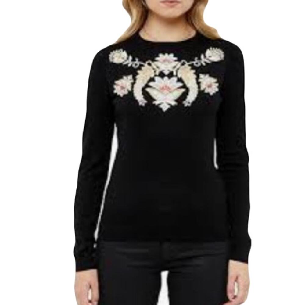 NWOT TED BAKER Sweater US 4 Black Silk-Cashmere Gold Floral Embroidery “Shani”